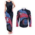 Personalized Western Bulldogs Football Couples Matching Tank Maxi Dress and Long Sleeve Button Shirt Easter Egg Pattern Red Blue Tribal Dot Art Style
