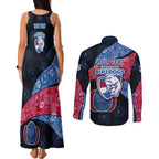 Personalized Western Bulldogs Football Couples Matching Tank Maxi Dress and Long Sleeve Button Shirt Easter Egg Pattern Red Blue Tribal Dot Art Style