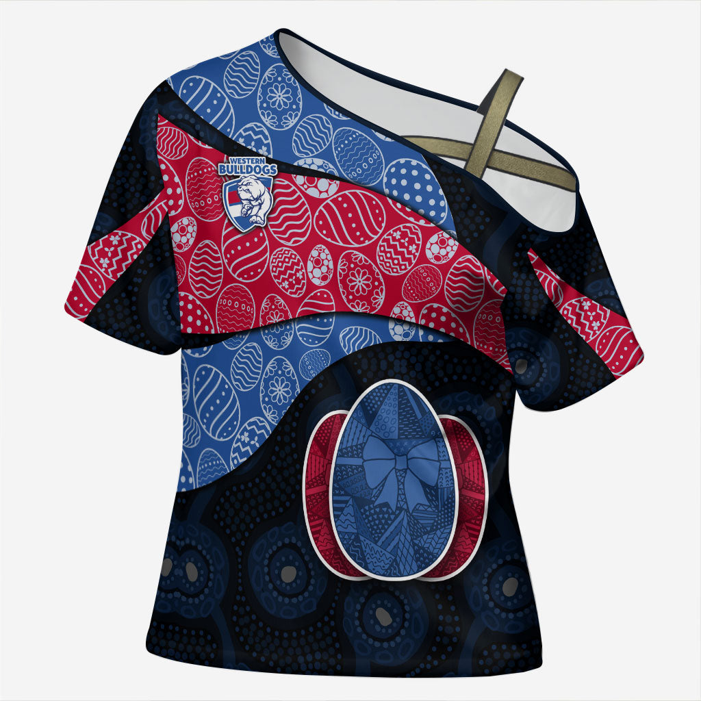 Personalized Western Bulldogs Football Cross Shoulder Shirt Easter Egg Pattern Red Blue Tribal Dot Art Style