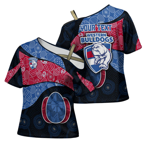 Personalized Western Bulldogs Football Cross Shoulder Shirt Easter Egg Pattern Red Blue Tribal Dot Art Style