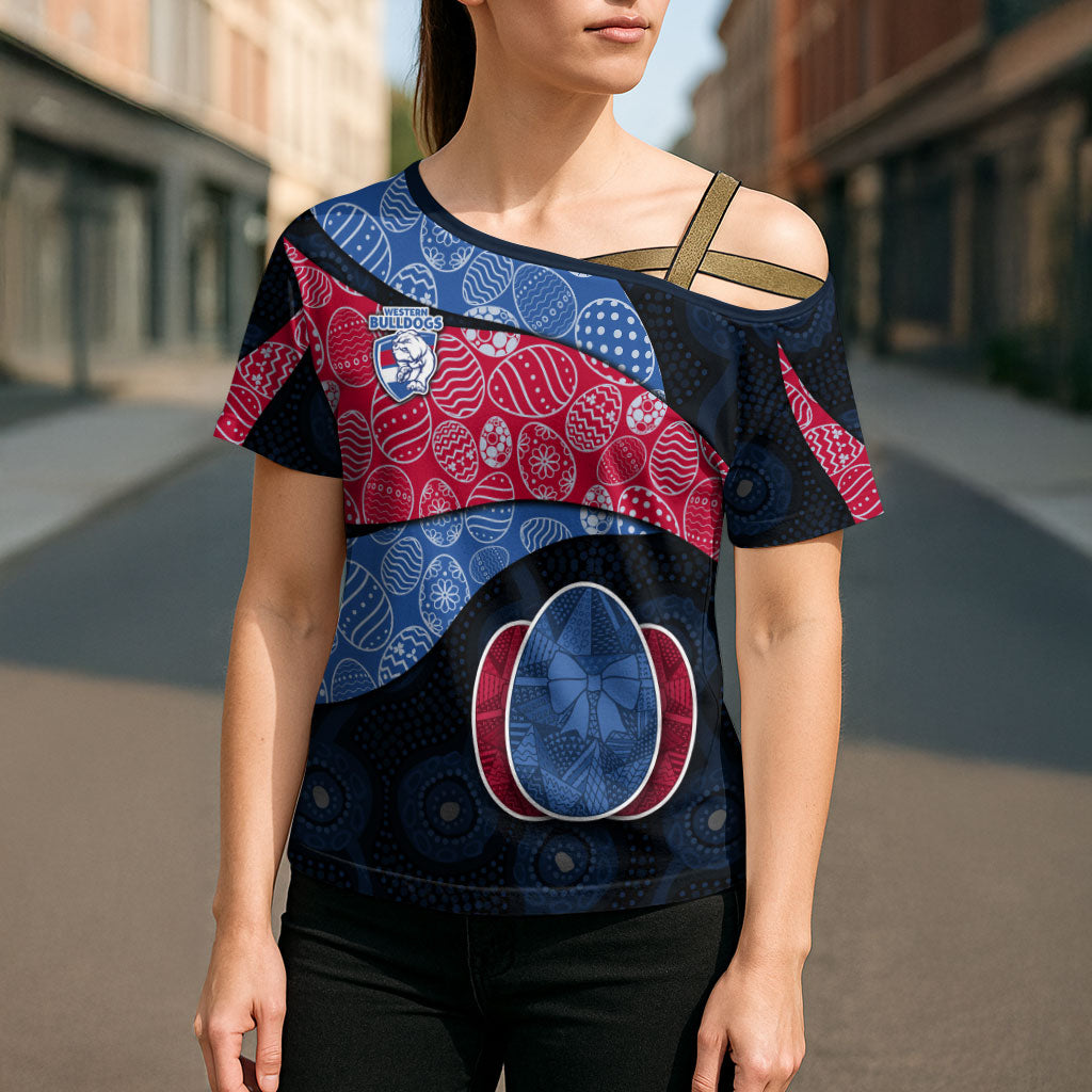 Personalized Western Bulldogs Football Cross Shoulder Shirt Easter Egg Pattern Red Blue Tribal Dot Art Style