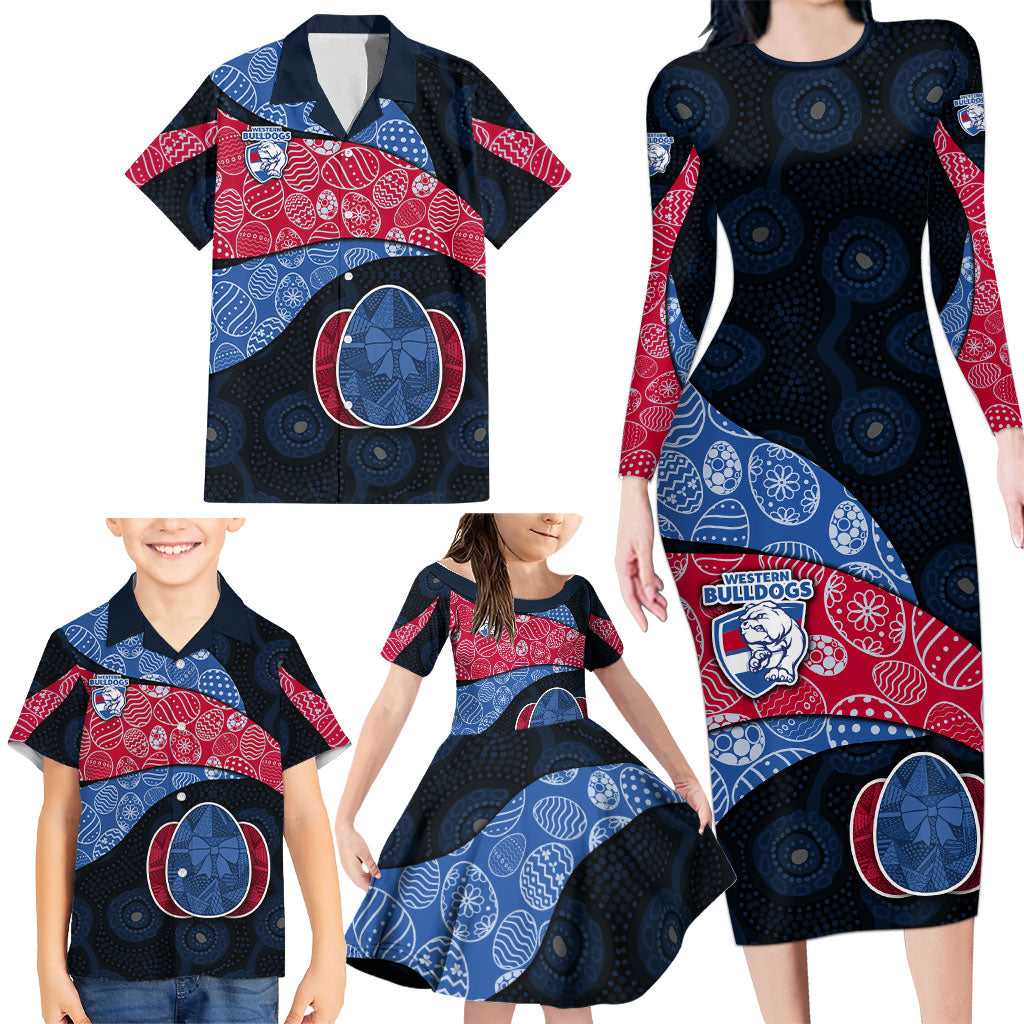 Personalized Western Bulldogs Football Family Matching Long Sleeve Bodycon Dress and Hawaiian Shirt Easter Egg Pattern Red Blue Tribal Dot Art Style