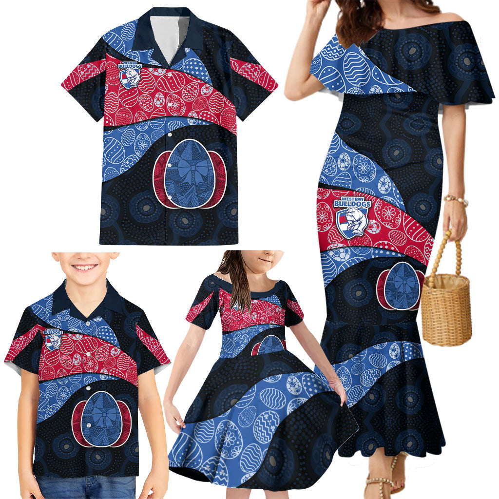 Personalized Western Bulldogs Football Family Matching Mermaid Dress and Hawaiian Shirt Easter Egg Pattern Red Blue Tribal Dot Art Style