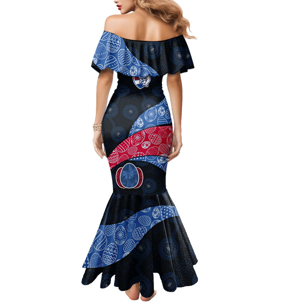 Personalized Western Bulldogs Football Family Matching Mermaid Dress and Hawaiian Shirt Easter Egg Pattern Red Blue Tribal Dot Art Style