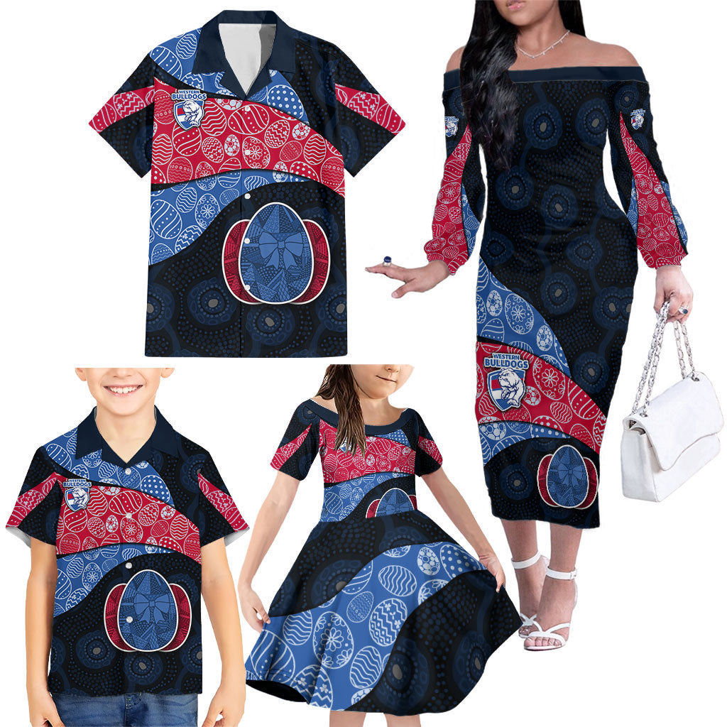 Personalized Western Bulldogs Football Family Matching Off The Shoulder Long Sleeve Dress and Hawaiian Shirt Easter Egg Pattern Red Blue Tribal Dot Art Style