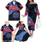 Personalized Western Bulldogs Football Family Matching Off The Shoulder Long Sleeve Dress and Hawaiian Shirt Easter Egg Pattern Red Blue Tribal Dot Art Style