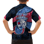 Personalized Western Bulldogs Football Family Matching Off The Shoulder Long Sleeve Dress and Hawaiian Shirt Easter Egg Pattern Red Blue Tribal Dot Art Style