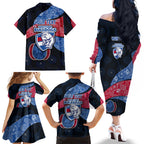 Personalized Western Bulldogs Football Family Matching Off The Shoulder Long Sleeve Dress and Hawaiian Shirt Easter Egg Pattern Red Blue Tribal Dot Art Style