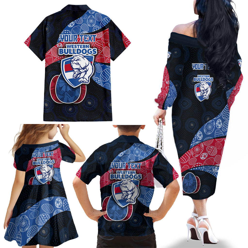 Personalized Western Bulldogs Football Family Matching Off The Shoulder Long Sleeve Dress and Hawaiian Shirt Easter Egg Pattern Red Blue Tribal Dot Art Style