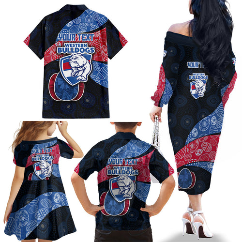Personalized Western Bulldogs Football Family Matching Off The Shoulder Long Sleeve Dress and Hawaiian Shirt Easter Egg Pattern Red Blue Tribal Dot Art Style