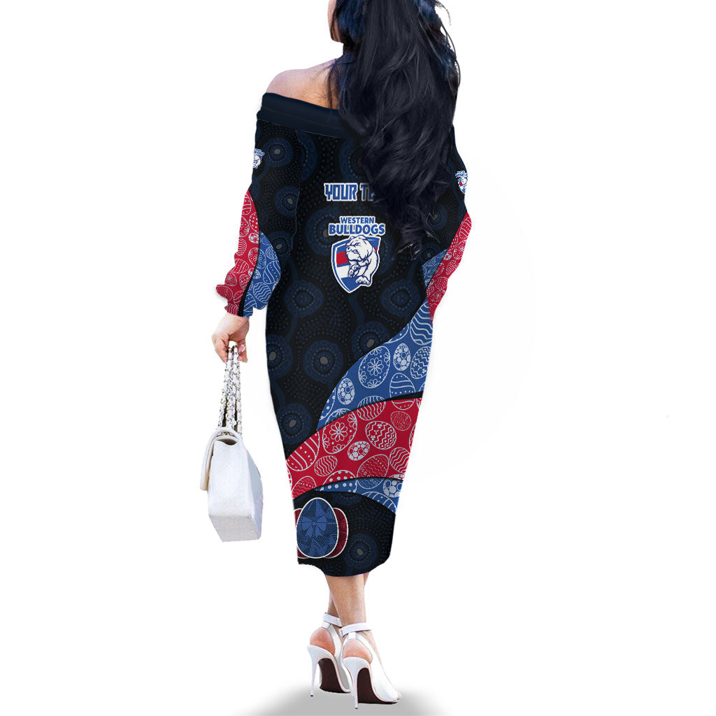 Personalized Western Bulldogs Football Family Matching Off The Shoulder Long Sleeve Dress and Hawaiian Shirt Easter Egg Pattern Red Blue Tribal Dot Art Style