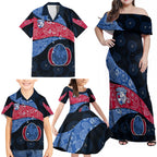 Personalized Western Bulldogs Football Family Matching Off Shoulder Maxi Dress and Hawaiian Shirt Easter Egg Pattern Red Blue Tribal Dot Art Style