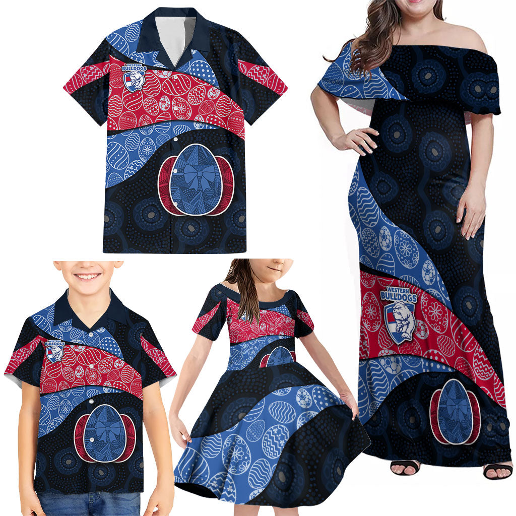 Personalized Western Bulldogs Football Family Matching Off Shoulder Maxi Dress and Hawaiian Shirt Easter Egg Pattern Red Blue Tribal Dot Art Style