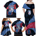 Personalized Western Bulldogs Football Family Matching Off Shoulder Maxi Dress and Hawaiian Shirt Easter Egg Pattern Red Blue Tribal Dot Art Style