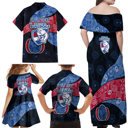 Personalized Western Bulldogs Football Family Matching Off Shoulder Maxi Dress and Hawaiian Shirt Easter Egg Pattern Red Blue Tribal Dot Art Style