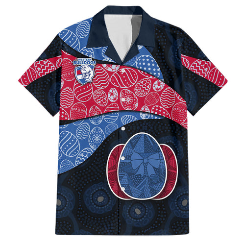 Personalized Western Bulldogs Football Family Matching Off Shoulder Maxi Dress and Hawaiian Shirt Easter Egg Pattern Red Blue Tribal Dot Art Style