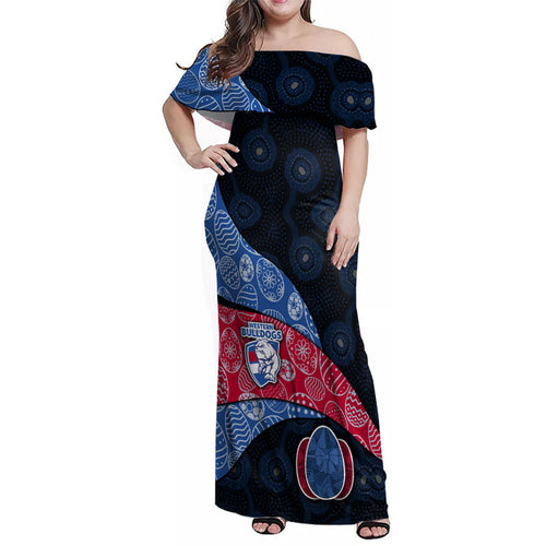 Personalized Western Bulldogs Football Family Matching Off Shoulder Maxi Dress and Hawaiian Shirt Easter Egg Pattern Red Blue Tribal Dot Art Style