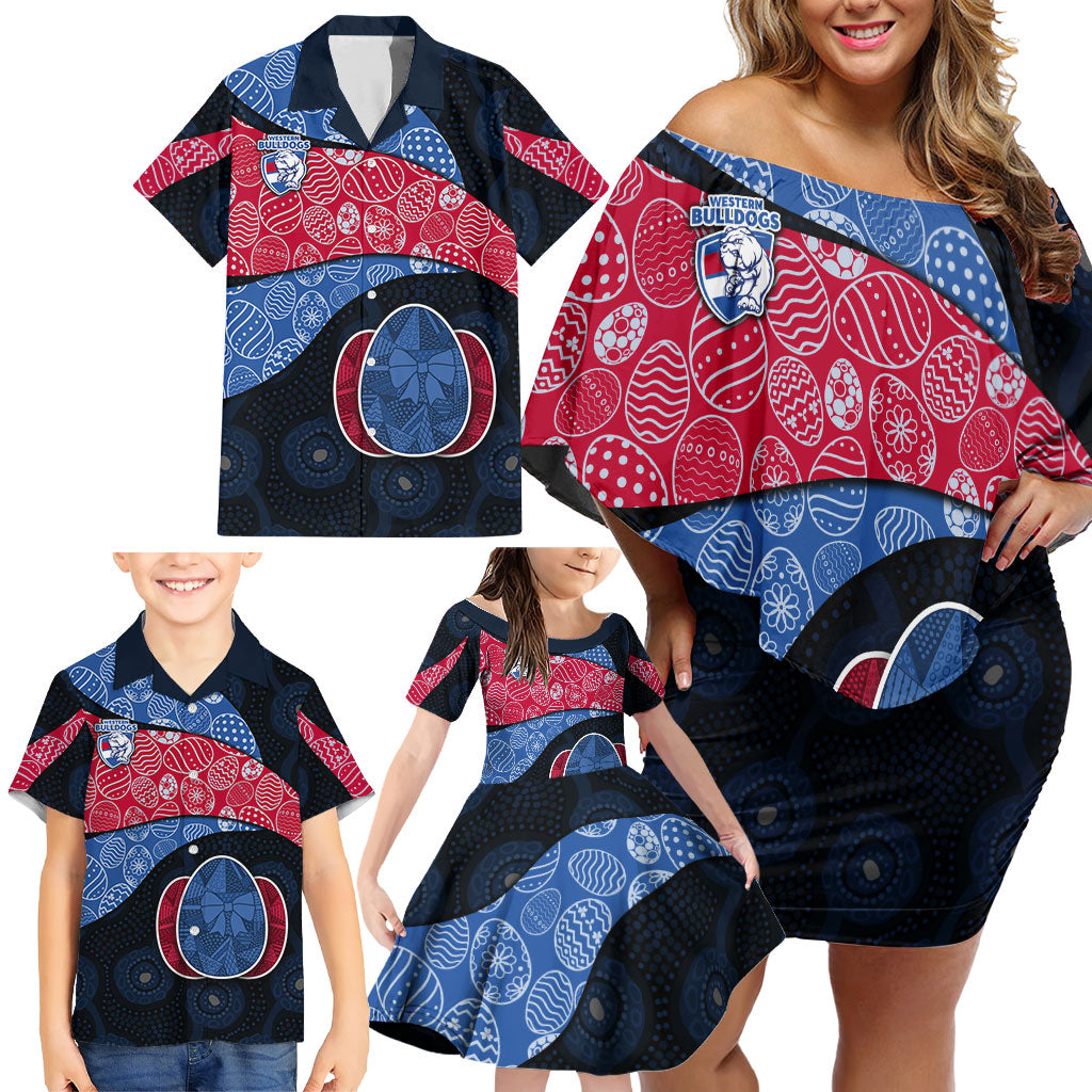 Personalized Western Bulldogs Football Family Matching Off Shoulder Short Dress and Hawaiian Shirt Easter Egg Pattern Red Blue Tribal Dot Art Style
