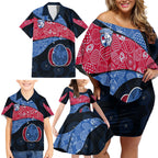 Personalized Western Bulldogs Football Family Matching Off Shoulder Short Dress and Hawaiian Shirt Easter Egg Pattern Red Blue Tribal Dot Art Style