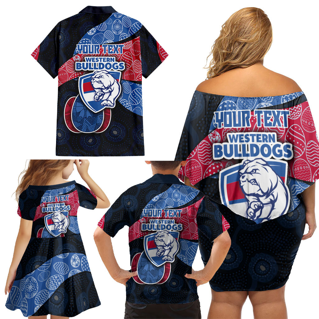 Personalized Western Bulldogs Football Family Matching Off Shoulder Short Dress and Hawaiian Shirt Easter Egg Pattern Red Blue Tribal Dot Art Style