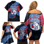 Personalized Western Bulldogs Football Family Matching Off Shoulder Short Dress and Hawaiian Shirt Easter Egg Pattern Red Blue Tribal Dot Art Style
