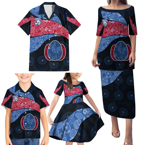 Personalized Western Bulldogs Football Family Matching Puletasi and Hawaiian Shirt Easter Egg Pattern Red Blue Tribal Dot Art Style