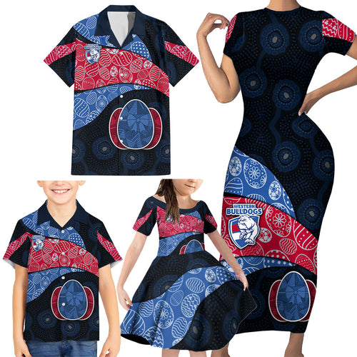 Personalized Western Bulldogs Football Family Matching Short Sleeve Bodycon Dress and Hawaiian Shirt Easter Egg Pattern Red Blue Tribal Dot Art Style