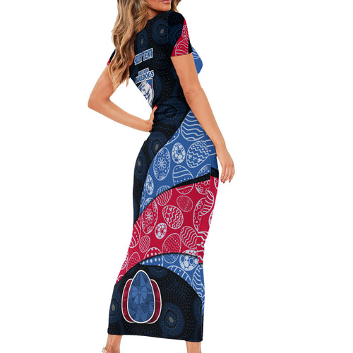Personalized Western Bulldogs Football Family Matching Short Sleeve Bodycon Dress and Hawaiian Shirt Easter Egg Pattern Red Blue Tribal Dot Art Style