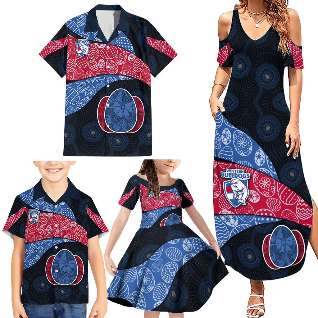 Personalized Western Bulldogs Football Family Matching Summer Maxi Dress and Hawaiian Shirt Easter Egg Pattern Red Blue Tribal Dot Art Style