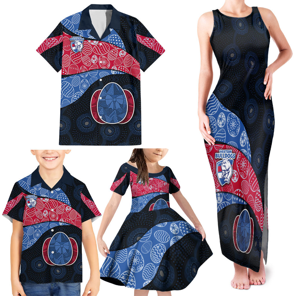 Personalized Western Bulldogs Football Family Matching Tank Maxi Dress and Hawaiian Shirt Easter Egg Pattern Red Blue Tribal Dot Art Style