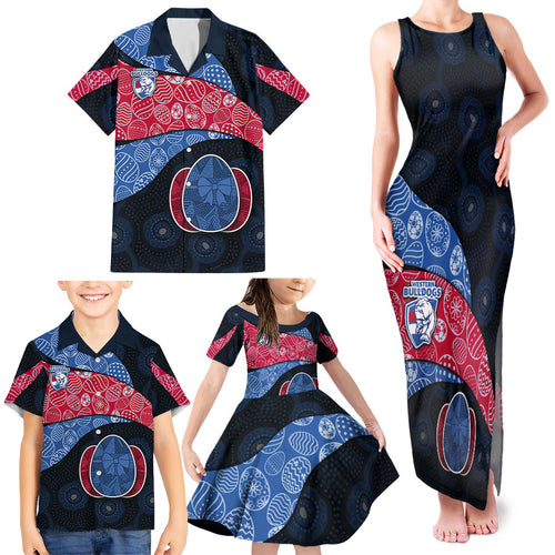Personalized Western Bulldogs Football Family Matching Tank Maxi Dress and Hawaiian Shirt Easter Egg Pattern Red Blue Tribal Dot Art Style