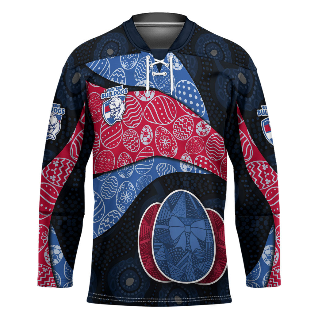 Personalized Western Bulldogs Football Hockey Jersey Easter Egg Pattern Red Blue Tribal Dot Art Style