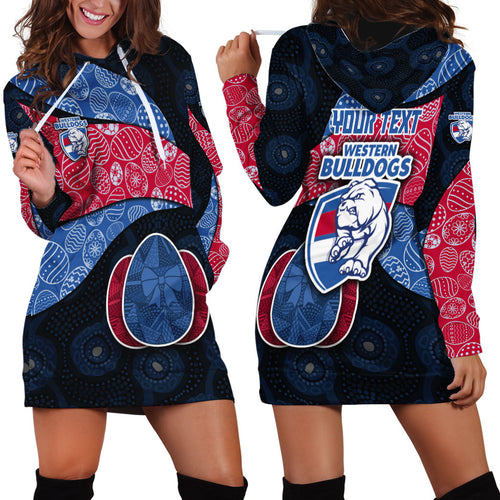Personalized Western Bulldogs Football Hoodie Dress Easter Egg Pattern Red Blue Tribal Dot Art Style