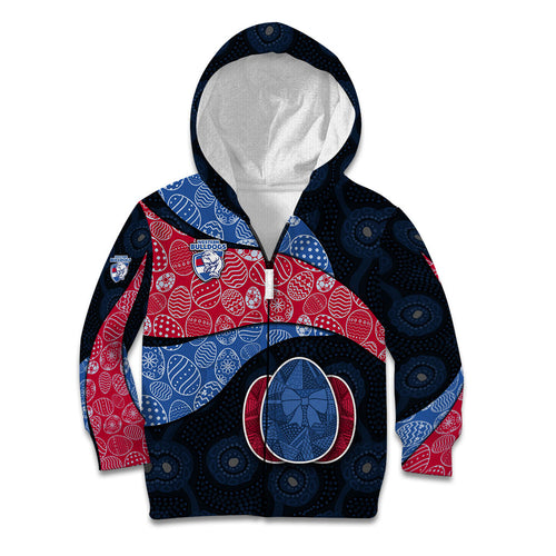 Personalized Western Bulldogs Football Kid Hoodie Easter Egg Pattern Red Blue Tribal Dot Art Style