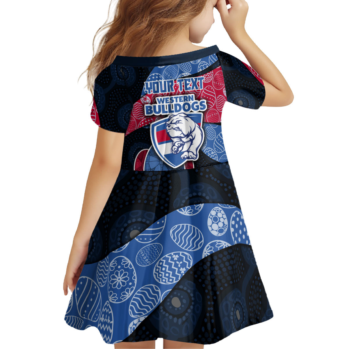 Personalized Western Bulldogs Football Kid Short Sleeve Dress Easter Egg Pattern Red Blue Tribal Dot Art Style