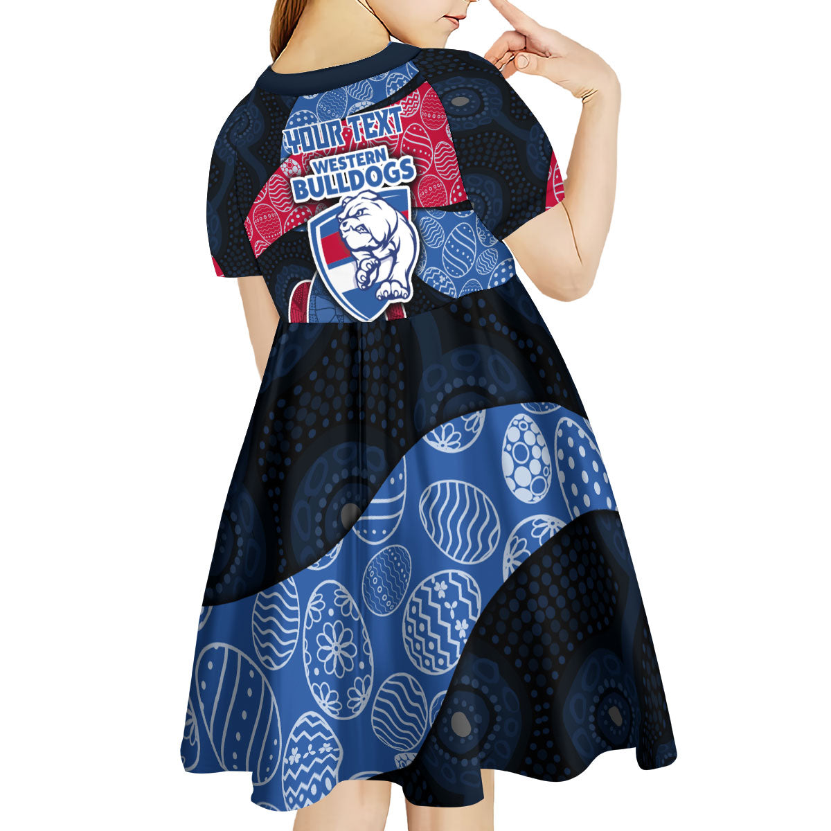 Personalized Western Bulldogs Football Kid Short Sleeve Dress Easter Egg Pattern Red Blue Tribal Dot Art Style