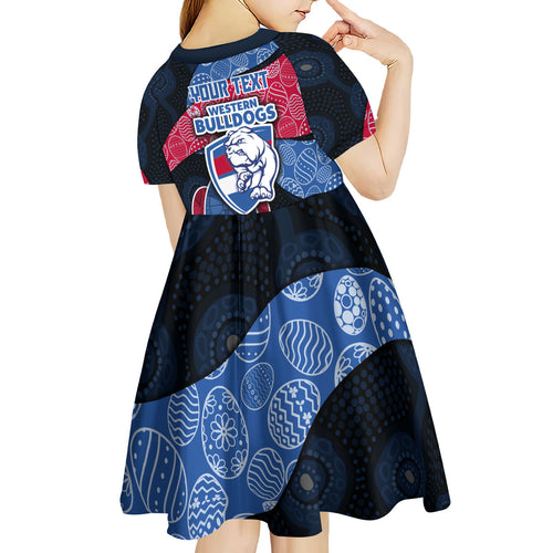 Personalized Western Bulldogs Football Kid Short Sleeve Dress Easter Egg Pattern Red Blue Tribal Dot Art Style
