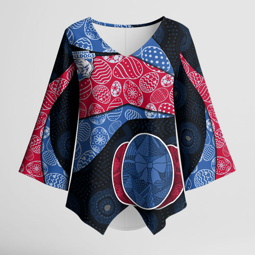 Personalized Western Bulldogs Football Kimono Sleeve Blouse Easter Egg Pattern Red Blue Tribal Dot Art Style