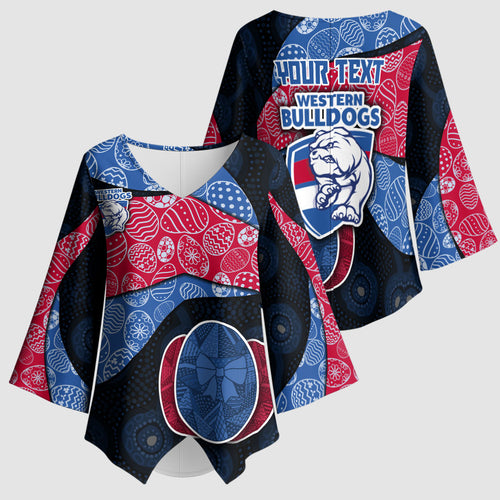 Personalized Western Bulldogs Football Kimono Sleeve Blouse Easter Egg Pattern Red Blue Tribal Dot Art Style