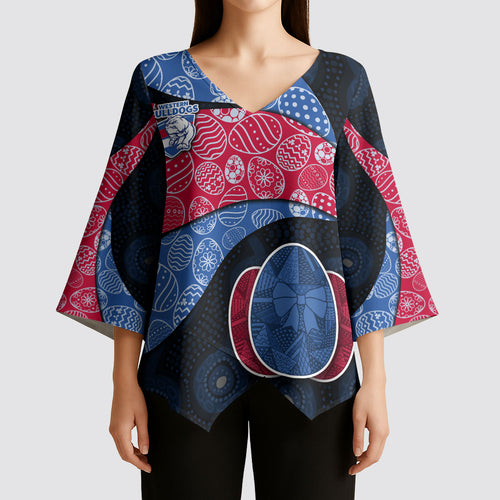 Personalized Western Bulldogs Football Kimono Sleeve Blouse Easter Egg Pattern Red Blue Tribal Dot Art Style
