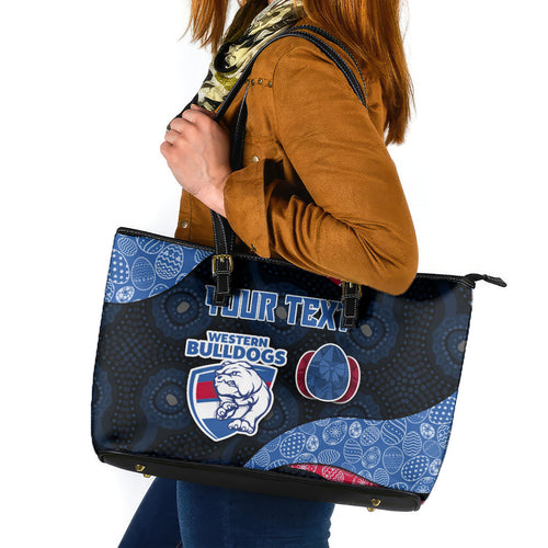 Personalized Western Bulldogs Football Leather Tote Bag Easter Egg Pattern Red Blue Tribal Dot Art Style
