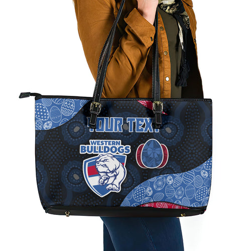 Personalized Western Bulldogs Football Leather Tote Bag Easter Egg Pattern Red Blue Tribal Dot Art Style