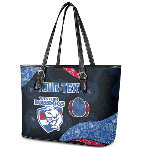 Personalized Western Bulldogs Football Leather Tote Bag Easter Egg Pattern Red Blue Tribal Dot Art Style