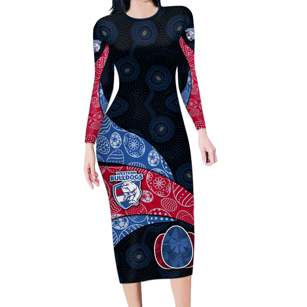 Personalized Western Bulldogs Football Long Sleeve Bodycon Dress Easter Egg Pattern Red Blue Tribal Dot Art Style