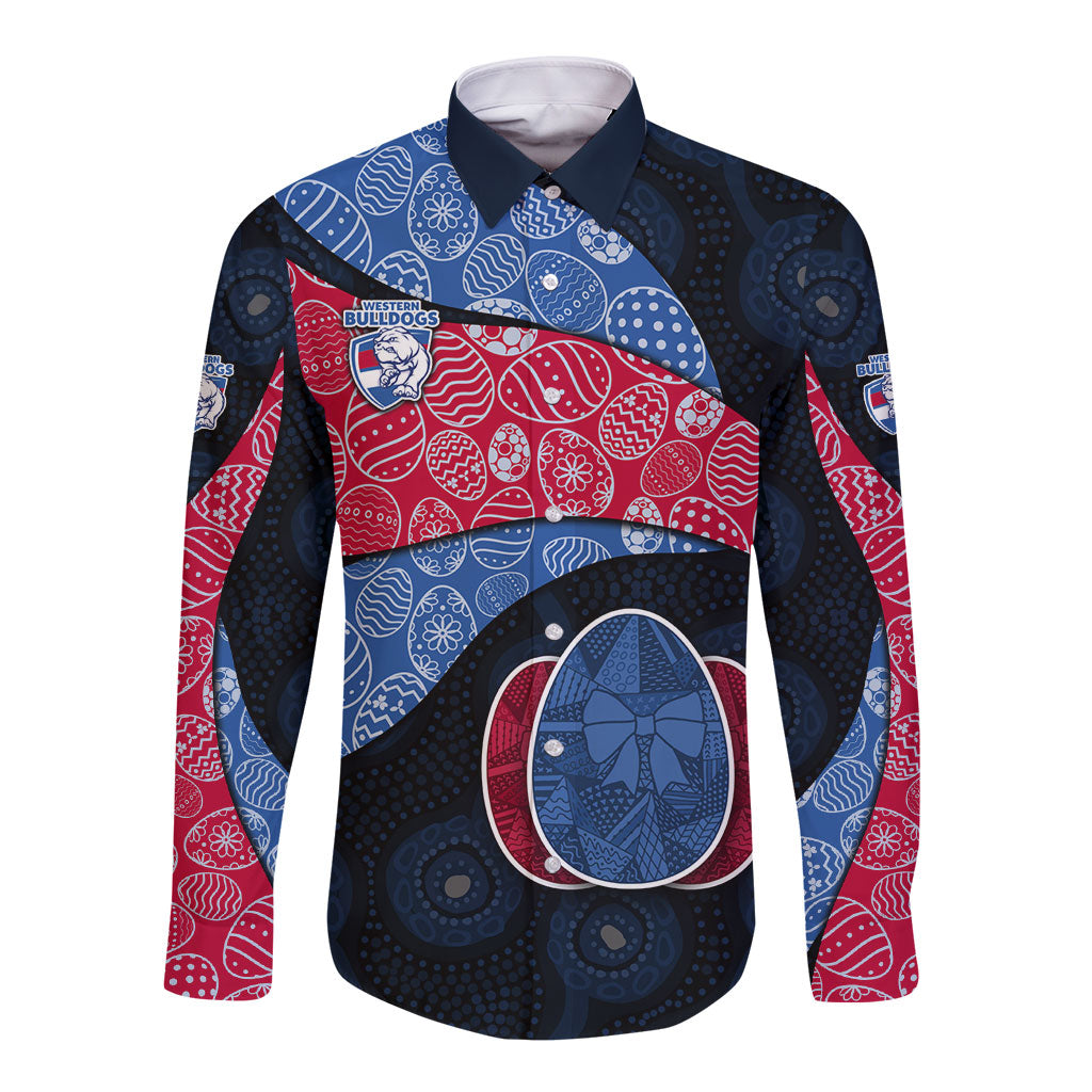 Personalized Western Bulldogs Football Long Sleeve Button Shirt Easter Egg Pattern Red Blue Tribal Dot Art Style