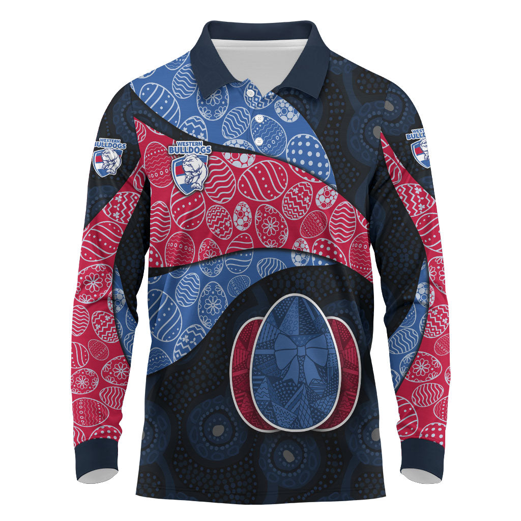 Personalized Western Bulldogs Football Long Sleeve Polo Shirt Easter Egg Pattern Red Blue Tribal Dot Art Style