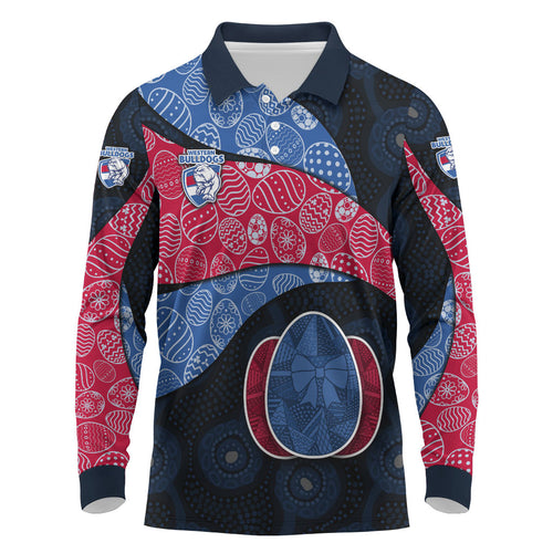 Personalized Western Bulldogs Football Long Sleeve Polo Shirt Easter Egg Pattern Red Blue Tribal Dot Art Style