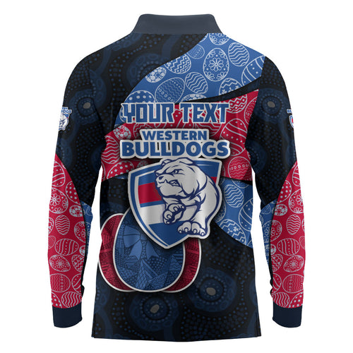 Personalized Western Bulldogs Football Long Sleeve Polo Shirt Easter Egg Pattern Red Blue Tribal Dot Art Style