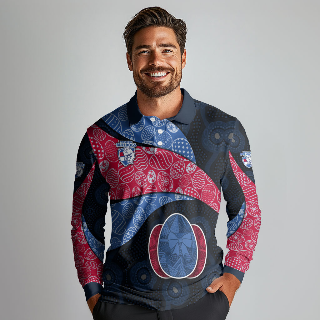 Personalized Western Bulldogs Football Long Sleeve Polo Shirt Easter Egg Pattern Red Blue Tribal Dot Art Style