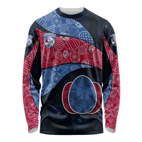 Personalized Western Bulldogs Football Long Sleeve Shirt Easter Egg Pattern Red Blue Tribal Dot Art Style